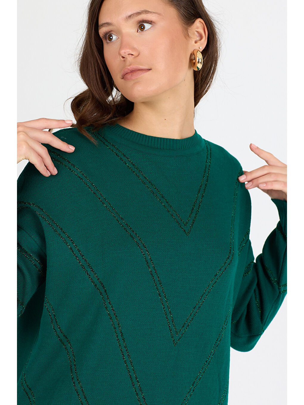 Yeşil Kadın Sim Garnili Bisiklet Yaka Triko Bluz 21014 (Standart Beden s-m-l-xl Beden Uyumludur)-1