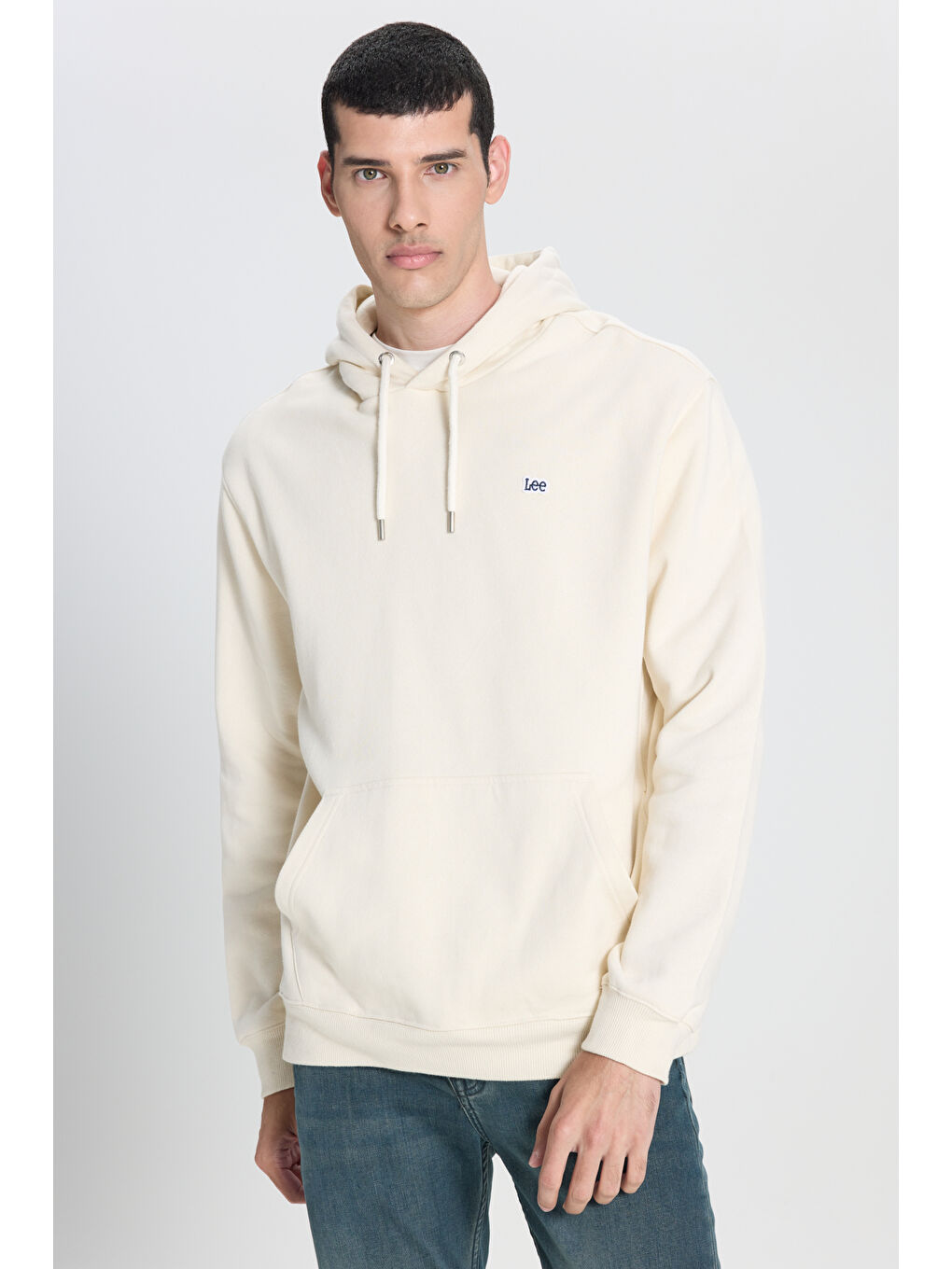 Regular Fit Normal Kesim %100 Pamuk Kapüşonlu Şardonlu Kırık Beyaz Sweatshirt-1