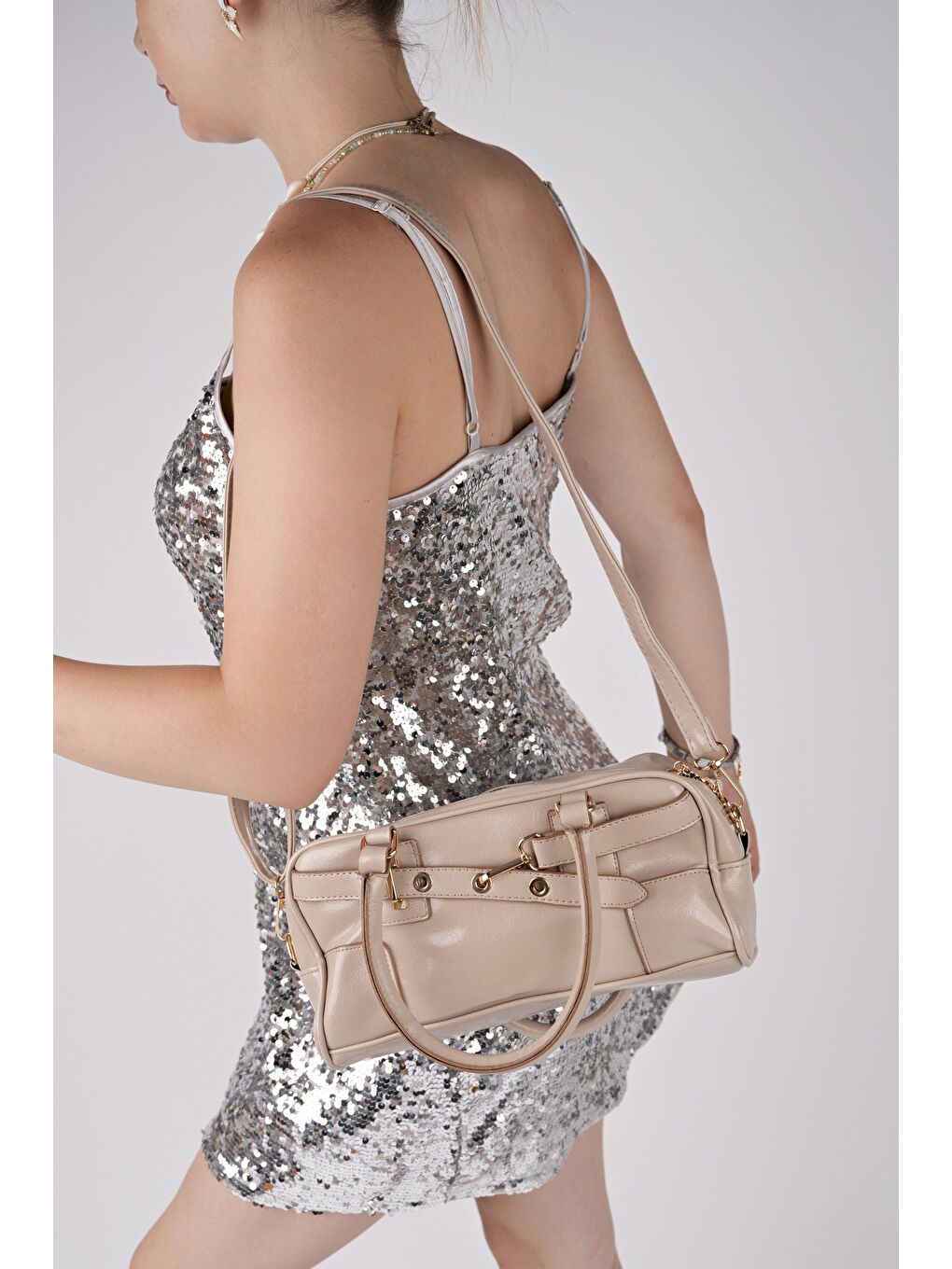 Bej ROSALİE Kadın Kemer Detaylı El ve Omuz Çantası-1