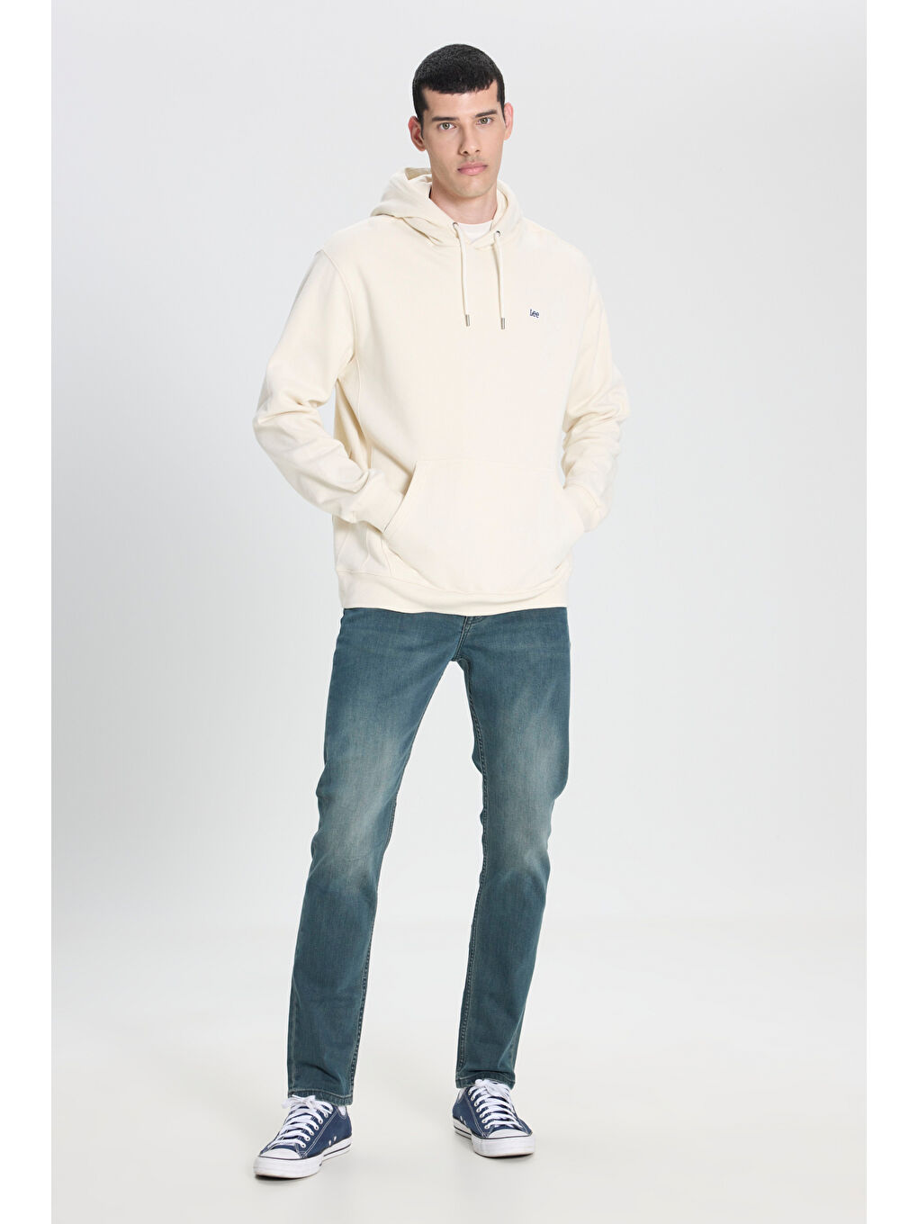 Regular Fit Normal Kesim %100 Pamuk Kapüşonlu Şardonlu Kırık Beyaz Sweatshirt-2