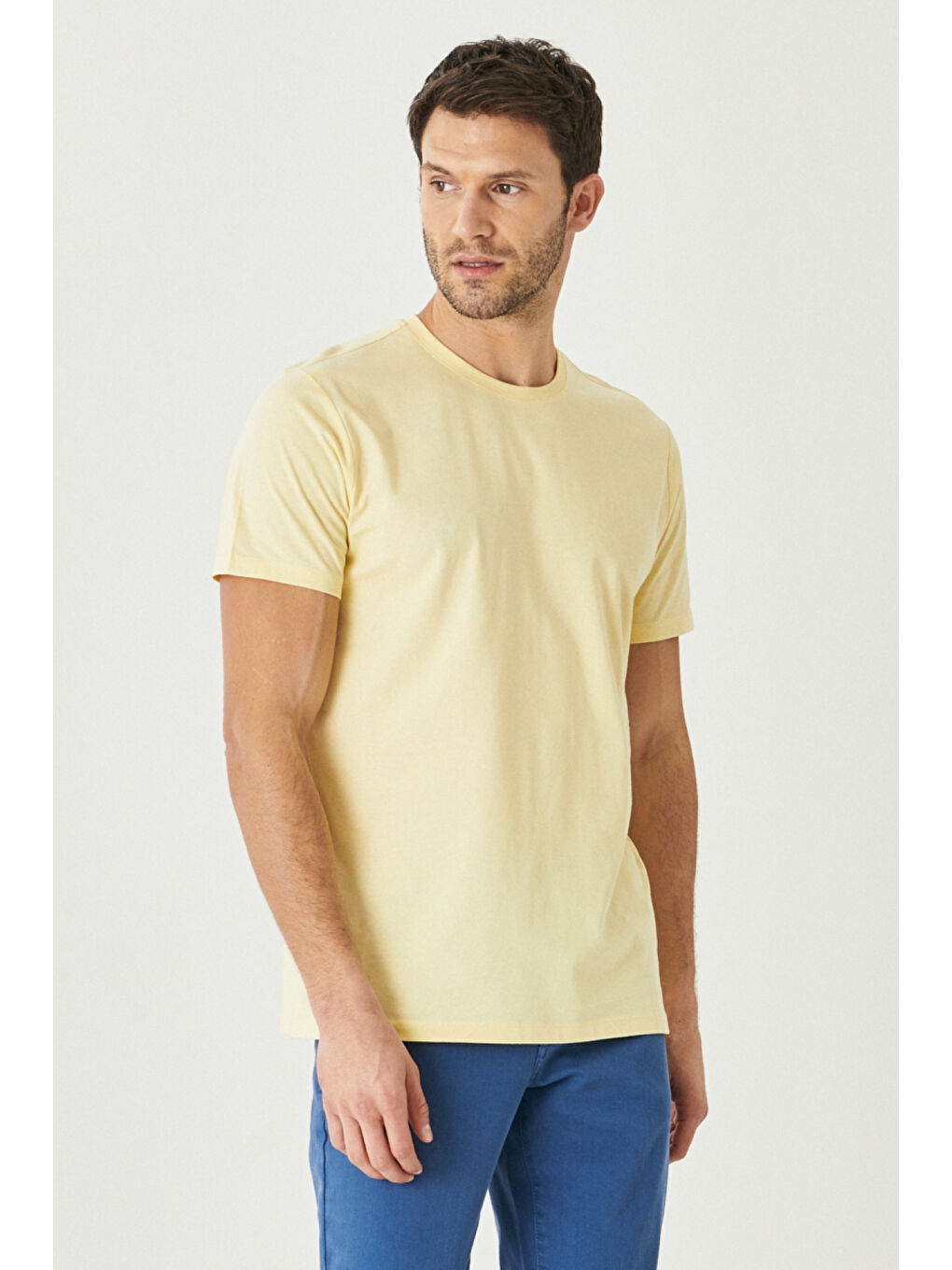 Erkek Sarı Slim Fit Dar Kesim %100 Pamuk Bisiklet Yaka Kısa Kollu Tişört-2