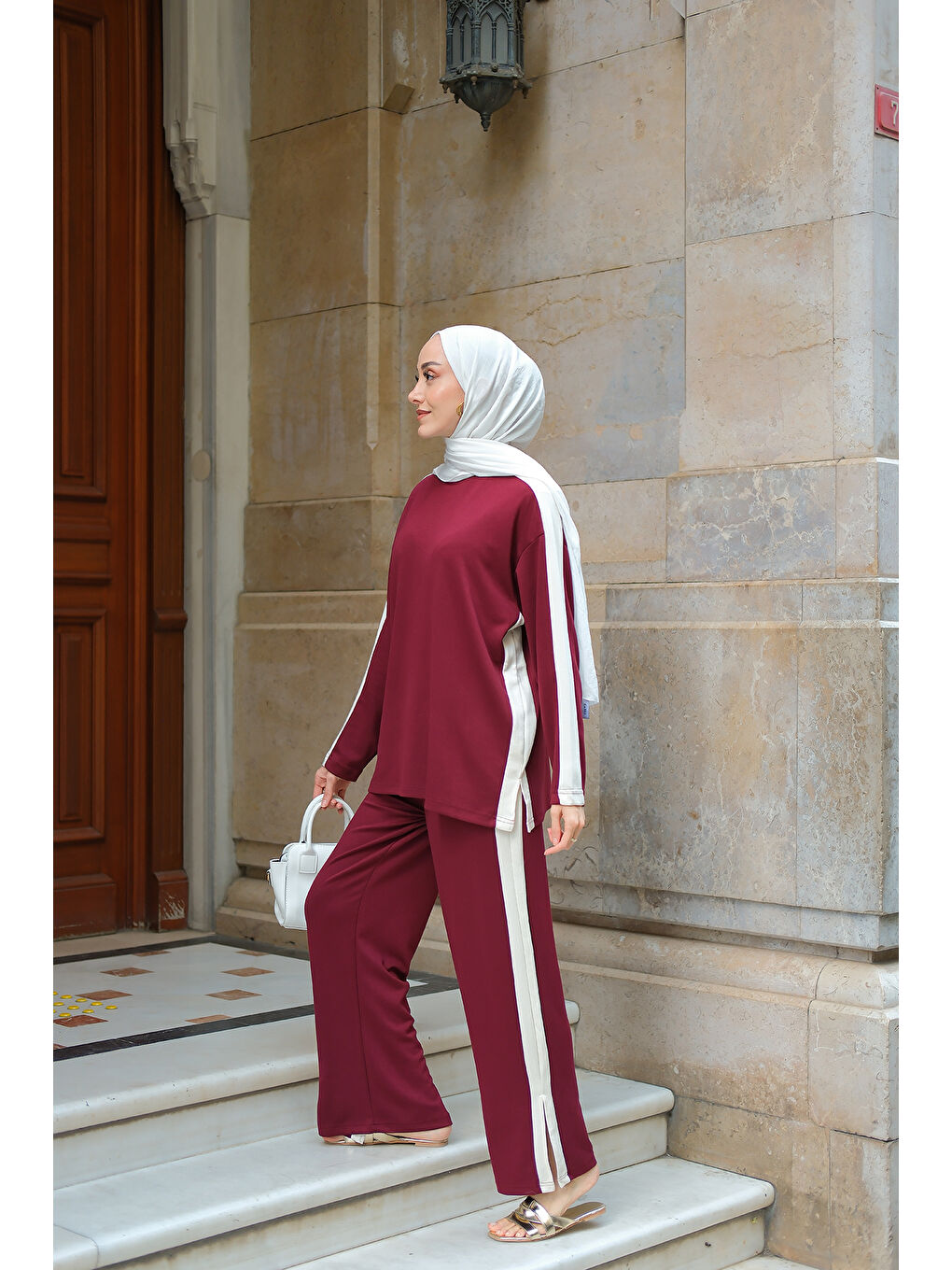 Kadın Yan Şerit Detay İkili Takım Bordo-3