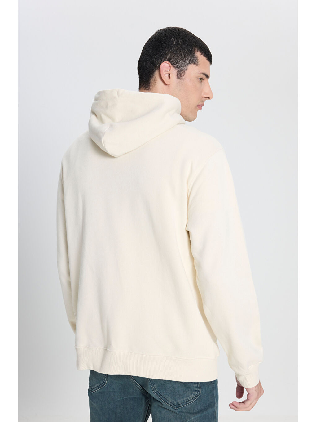 Regular Fit Normal Kesim %100 Pamuk Kapüşonlu Şardonlu Kırık Beyaz Sweatshirt-4