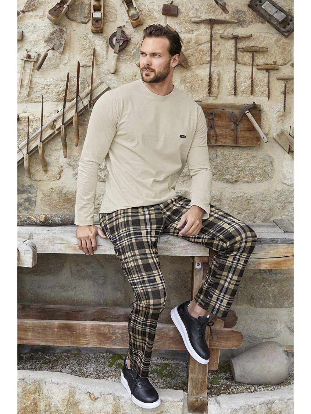 Bej Erkek Jakar Uzun Kol Pijama Takımı 3378 Açık Vizon-1