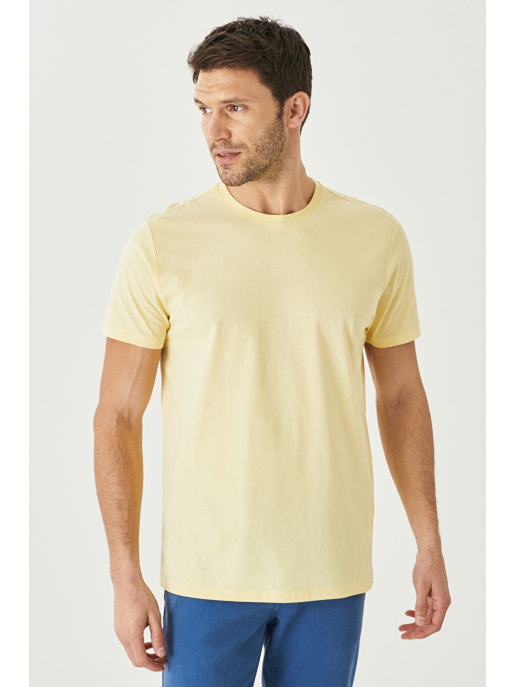 Erkek Sarı Slim Fit Dar Kesim %100 Pamuk Bisiklet Yaka Kısa Kollu Tişört-6