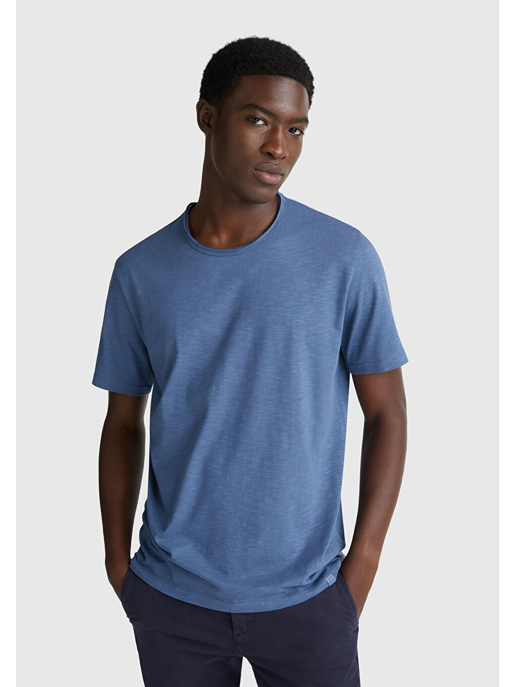 Turkuaz Erkek Havacı Mavi Bisiklet Yaka Slub T-shirt