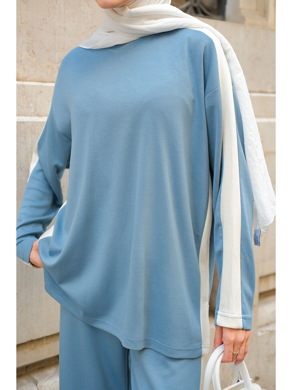 Kadın Yan Şerit Detay İkili Takım Açık Mavi-4