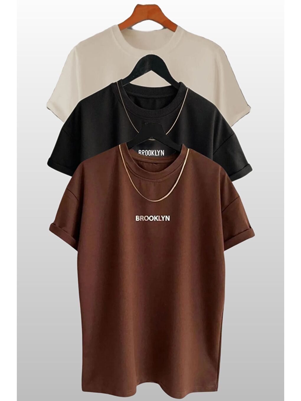 Kahverengi Erkek Brooklyn Baskılı 3 lü Paket Kahve Siyah Bej Kısa Kollu Tişört