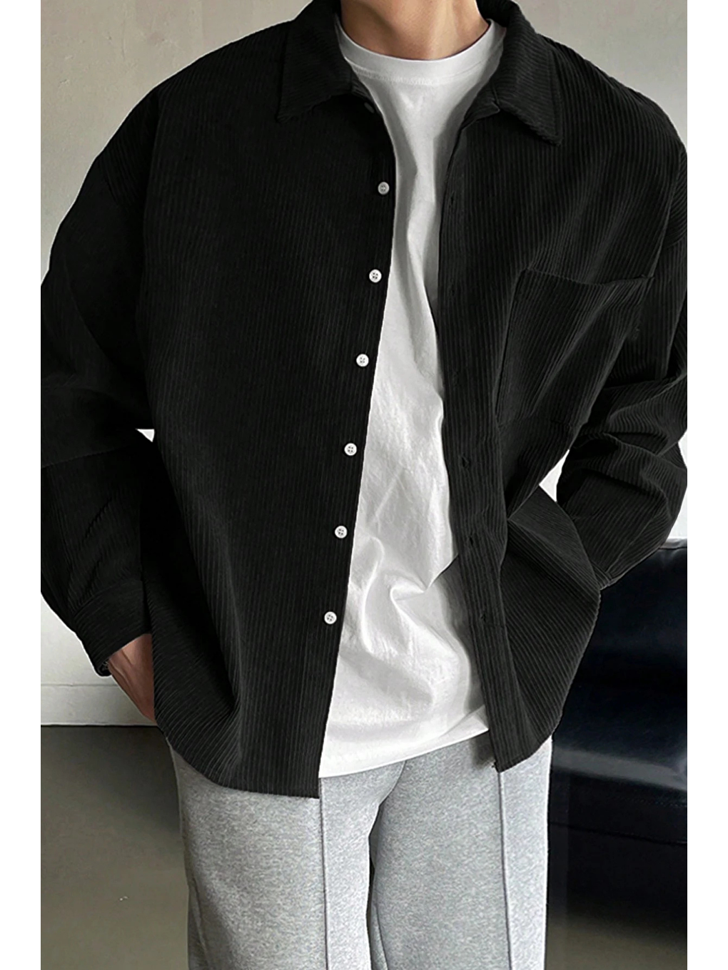 Siyah Erkek Gömlek Fitilli Kadife Oversize Gömlek Yaka Cepli Uzun Kollu Ceket Gömlek-1