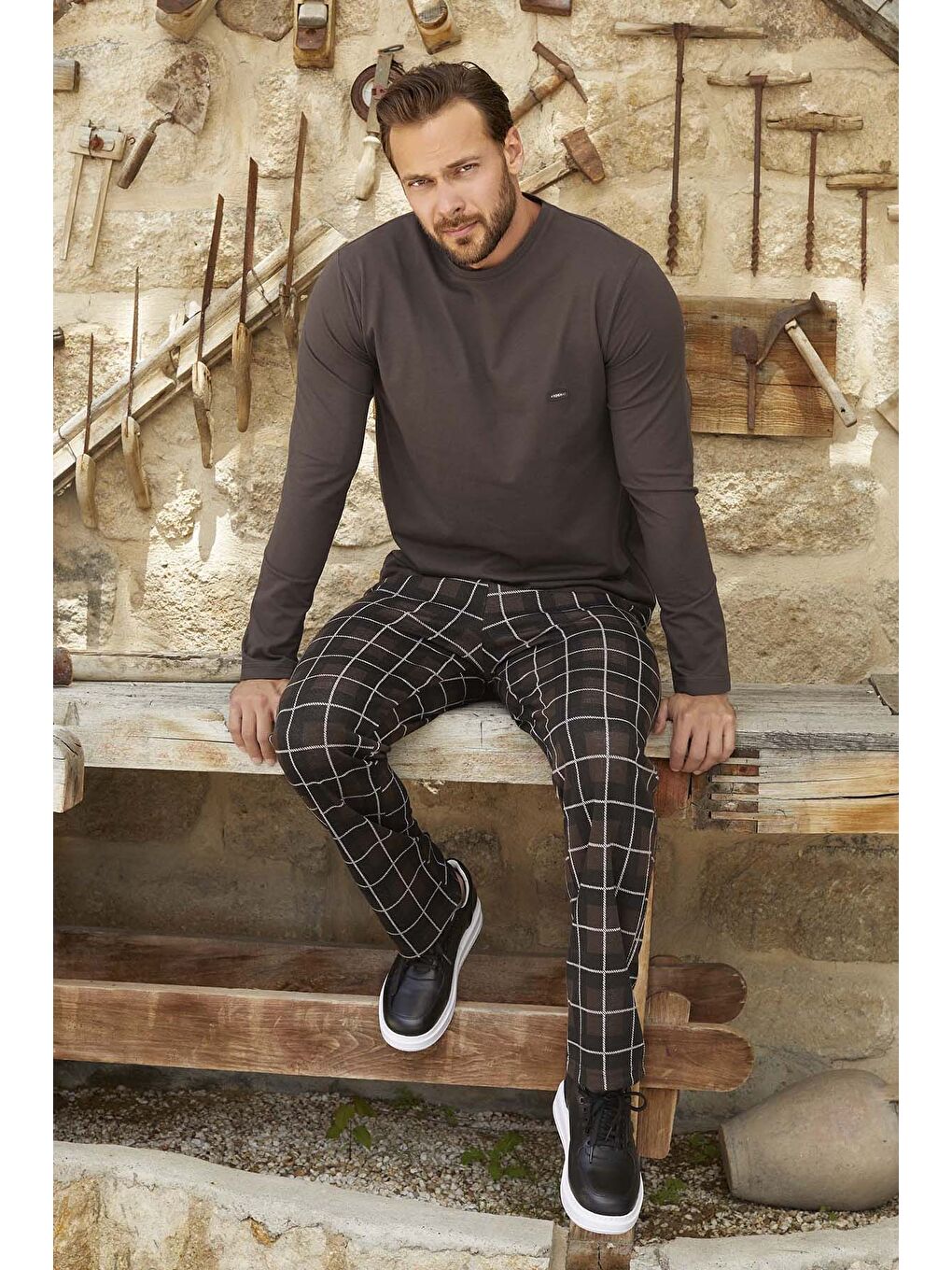 Erkek  Jakar Uzun Kol Pijama Takımı 3384 Kahverengi01-1