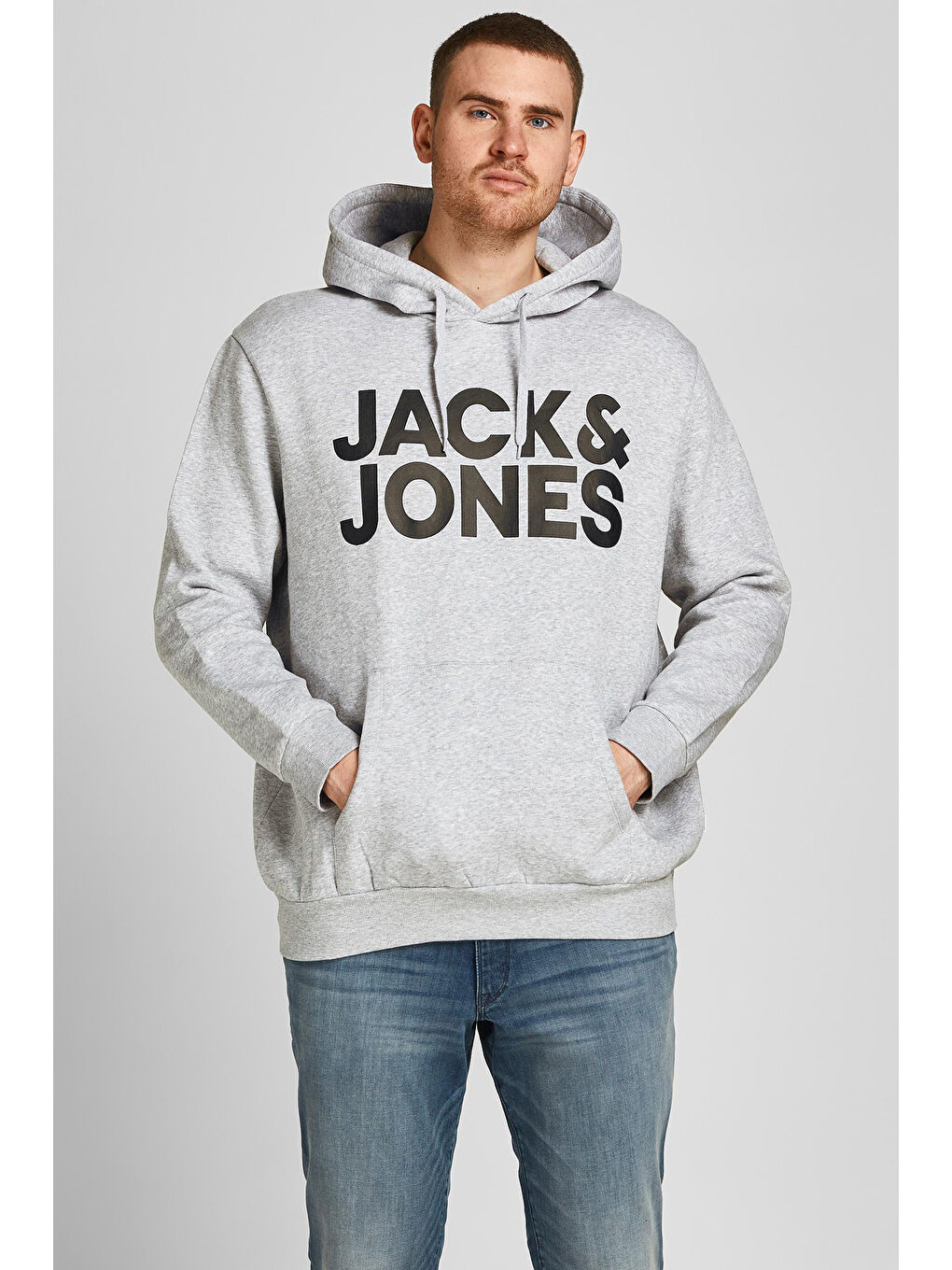 Jack & Jones Gri Plus Jjecorp Pamuklu Kapüşonlu Kanguru Cepli Regular Fit Erkek Sweat 12163777