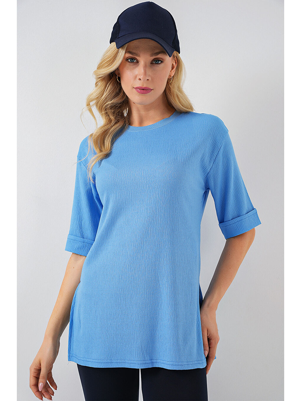 Bej 4332 Yanı Yırtmaçlı Örme Tişört - B.Mavi-2