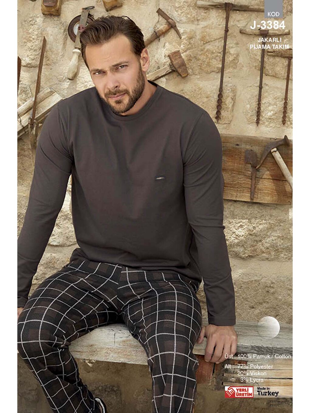 Erkek  Jakar Uzun Kol Pijama Takımı 3384 Kahverengi01-2