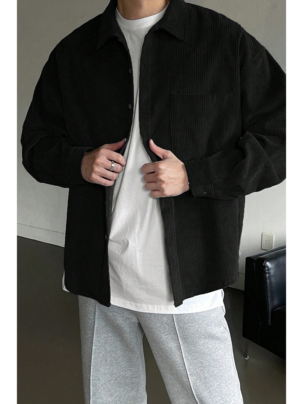 Siyah Erkek Gömlek Fitilli Kadife Oversize Gömlek Yaka Cepli Uzun Kollu Ceket Gömlek-2