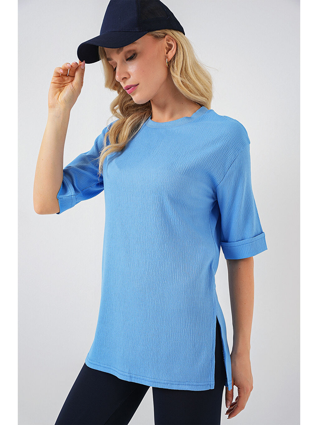 Bej 4332 Yanı Yırtmaçlı Örme Tişört - B.Mavi-3