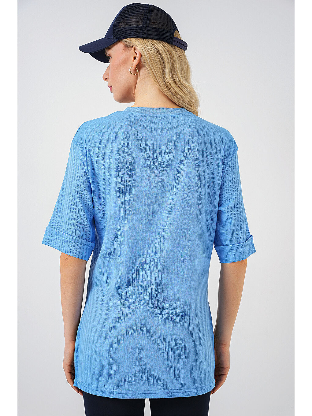 Bej 4332 Yanı Yırtmaçlı Örme Tişört - B.Mavi-5