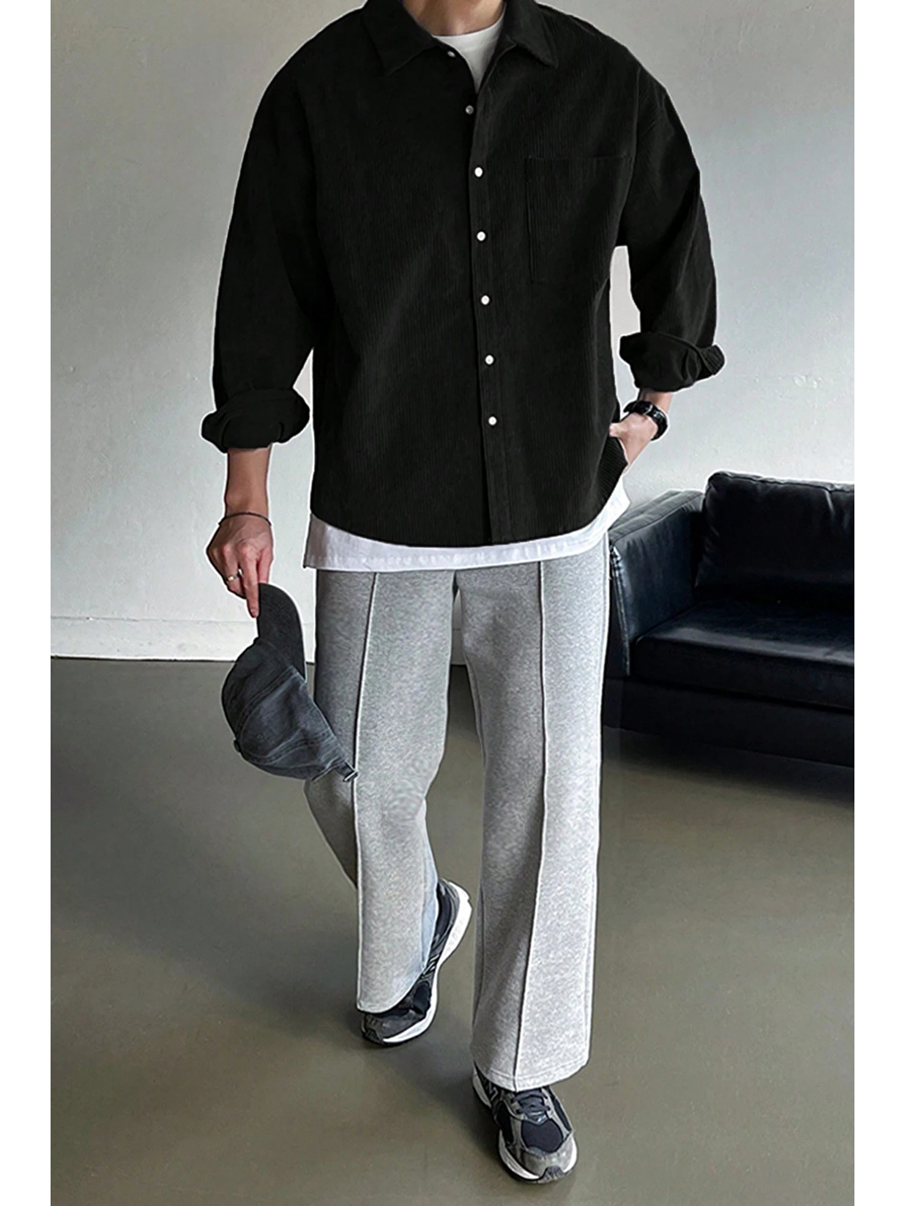 Siyah Erkek Gömlek Fitilli Kadife Oversize Gömlek Yaka Cepli Uzun Kollu Ceket Gömlek-3