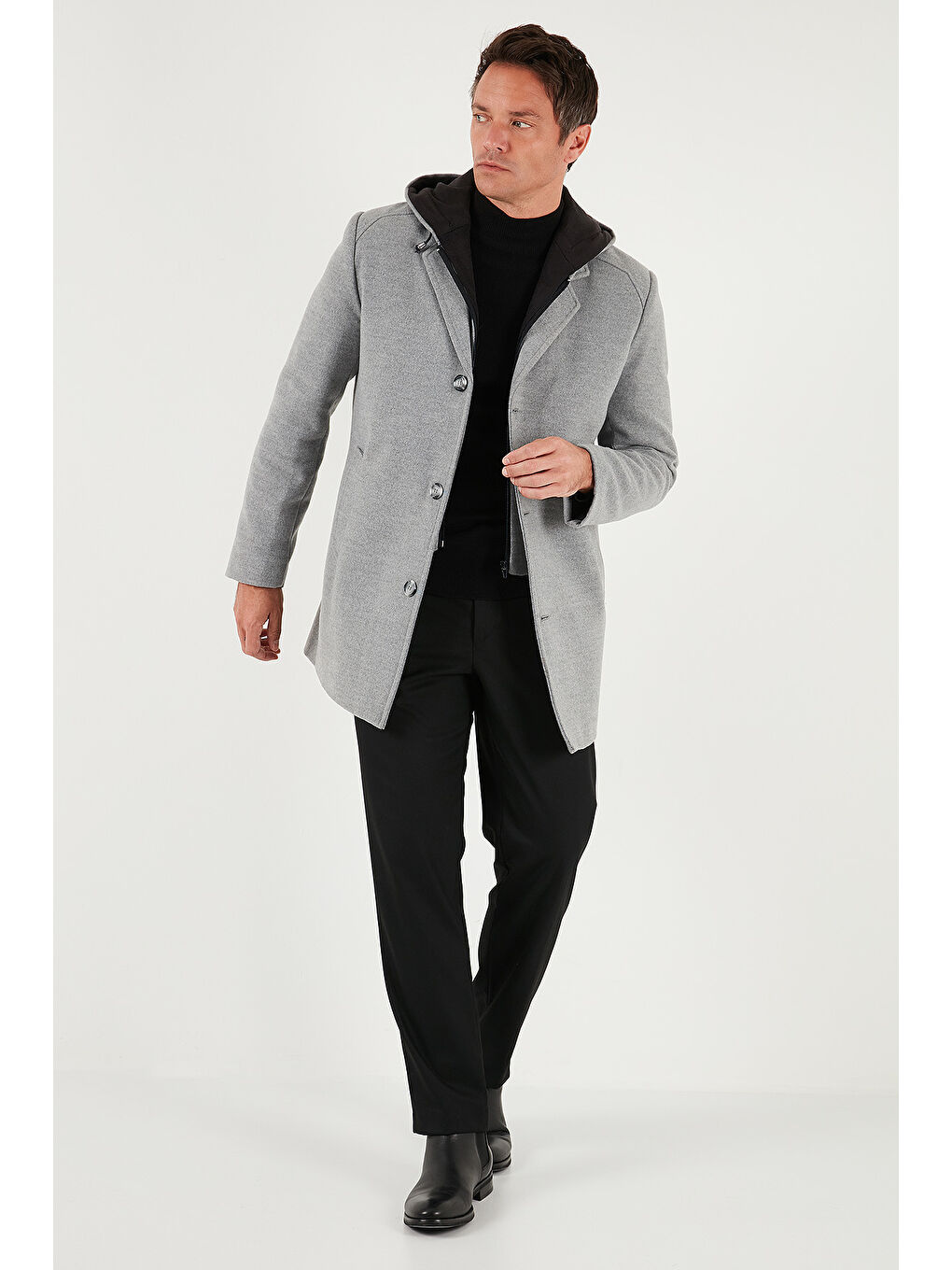 Gri Çıkarılabilir Kapüşonlu Kırçıllı Slim Fit Kaşe Erkek Kaban 5841013