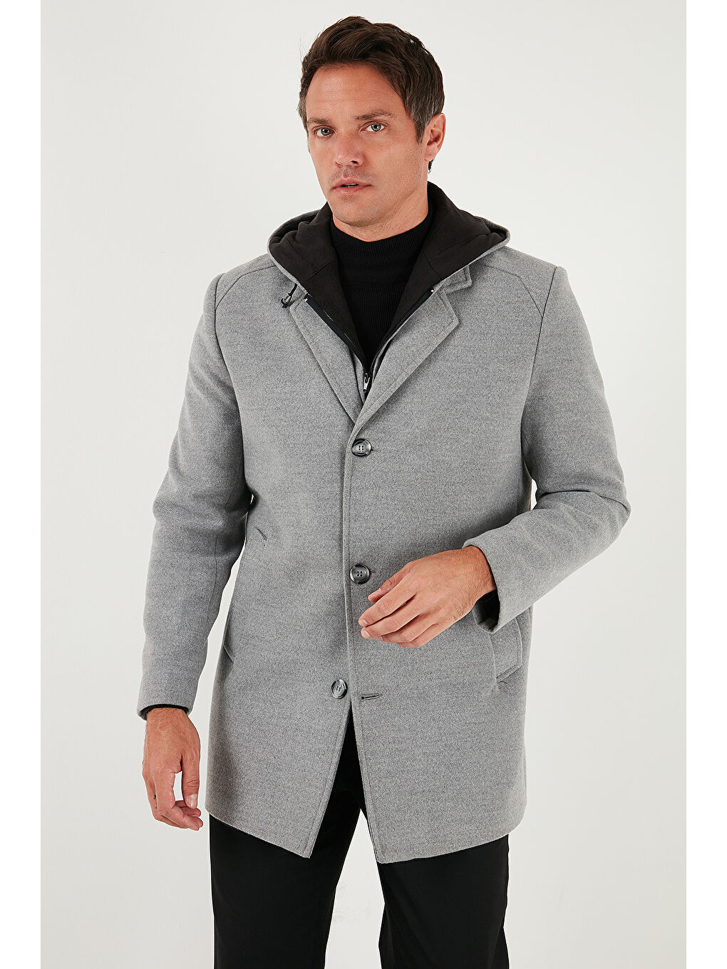 Gri Çıkarılabilir Kapüşonlu Kırçıllı Slim Fit Kaşe Erkek Kaban 5841013-3