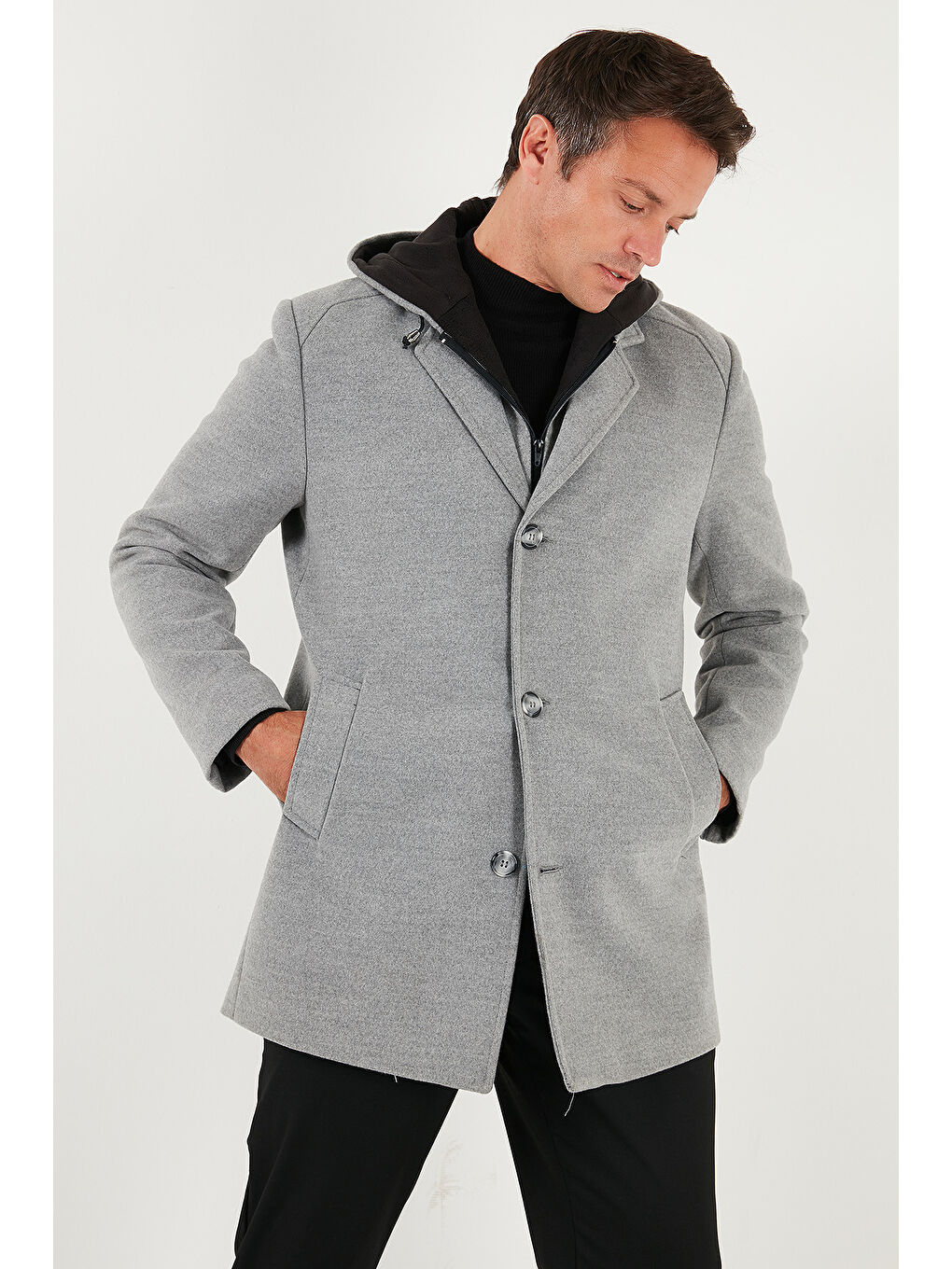 Gri Çıkarılabilir Kapüşonlu Kırçıllı Slim Fit Kaşe Erkek Kaban 5841013-4