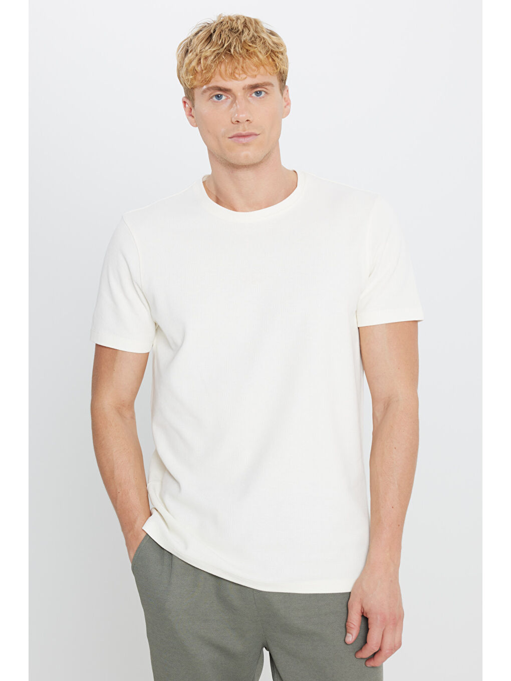 Erkek Ekru %100 Pamuk Slim Fit Dar Kesim Bisiklet Yaka Jakarlı Tişört