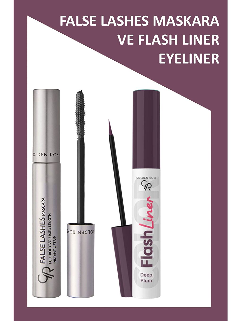 False Lashes Siyah Maskara ve Flash Liner Mürdüm Eyeliner Makyaj Seti
