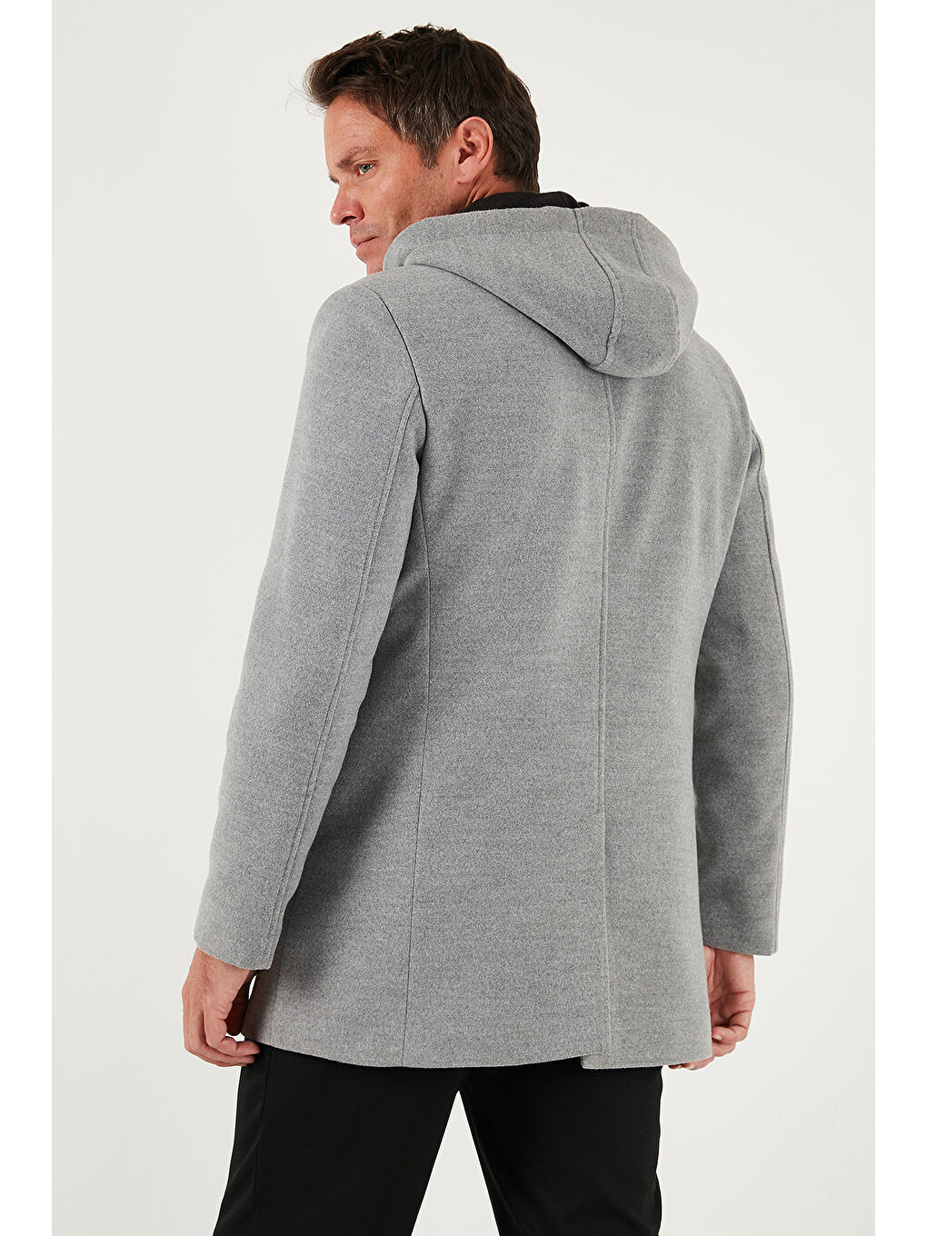 Gri Çıkarılabilir Kapüşonlu Kırçıllı Slim Fit Kaşe Erkek Kaban 5841013-6