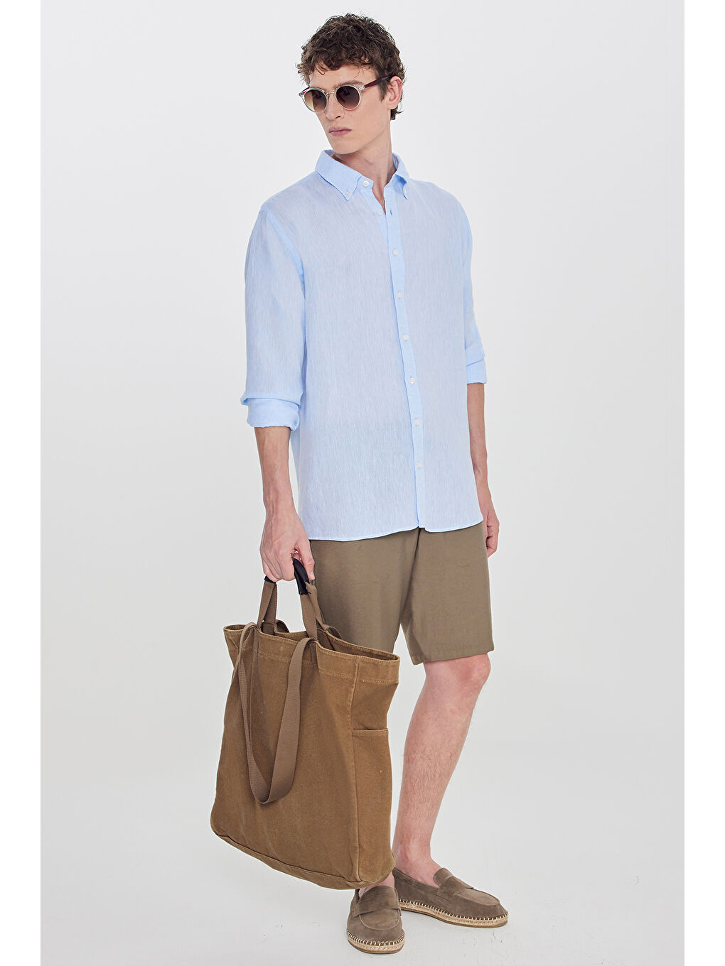 Erkek Mavi Comfort Fit Rahat Kesim Düğmeli Yaka Gömlek-1