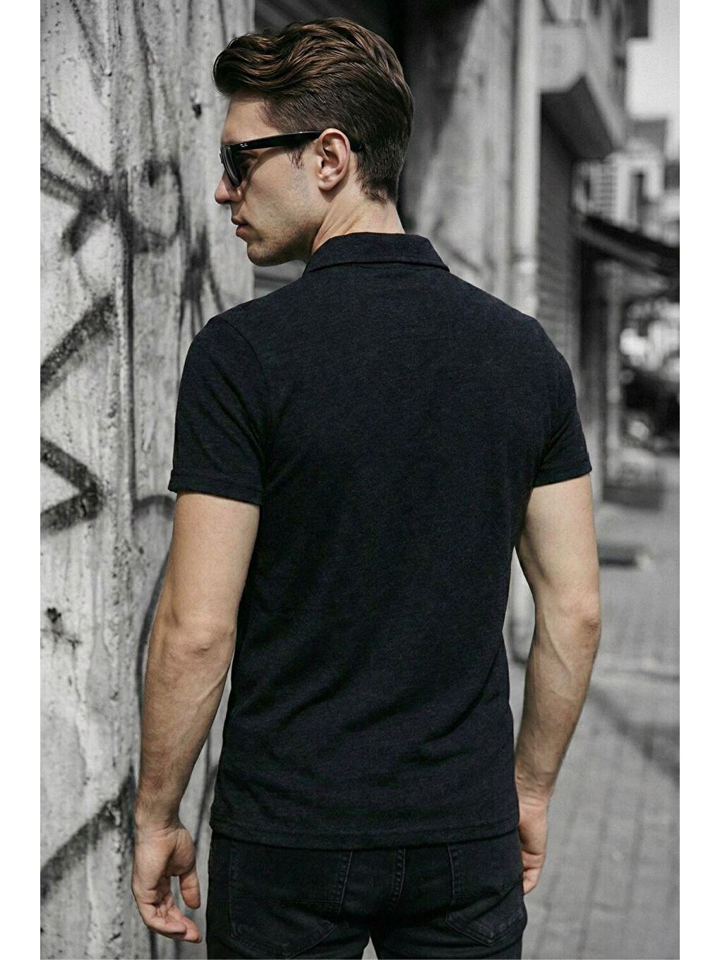 Siyah Robb Erkek Yarım Fermuarlı Dokulu Polo Yaka Kısa Kollu Slim Fit Tişört-2