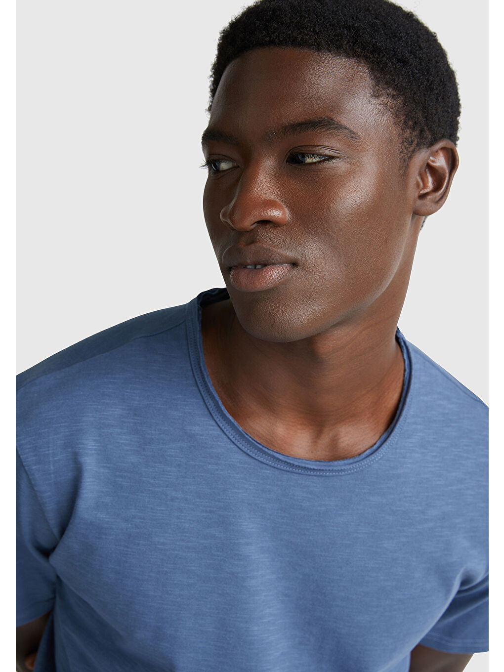 Turkuaz Erkek Havacı Mavi Bisiklet Yaka Slub T-shirt-5