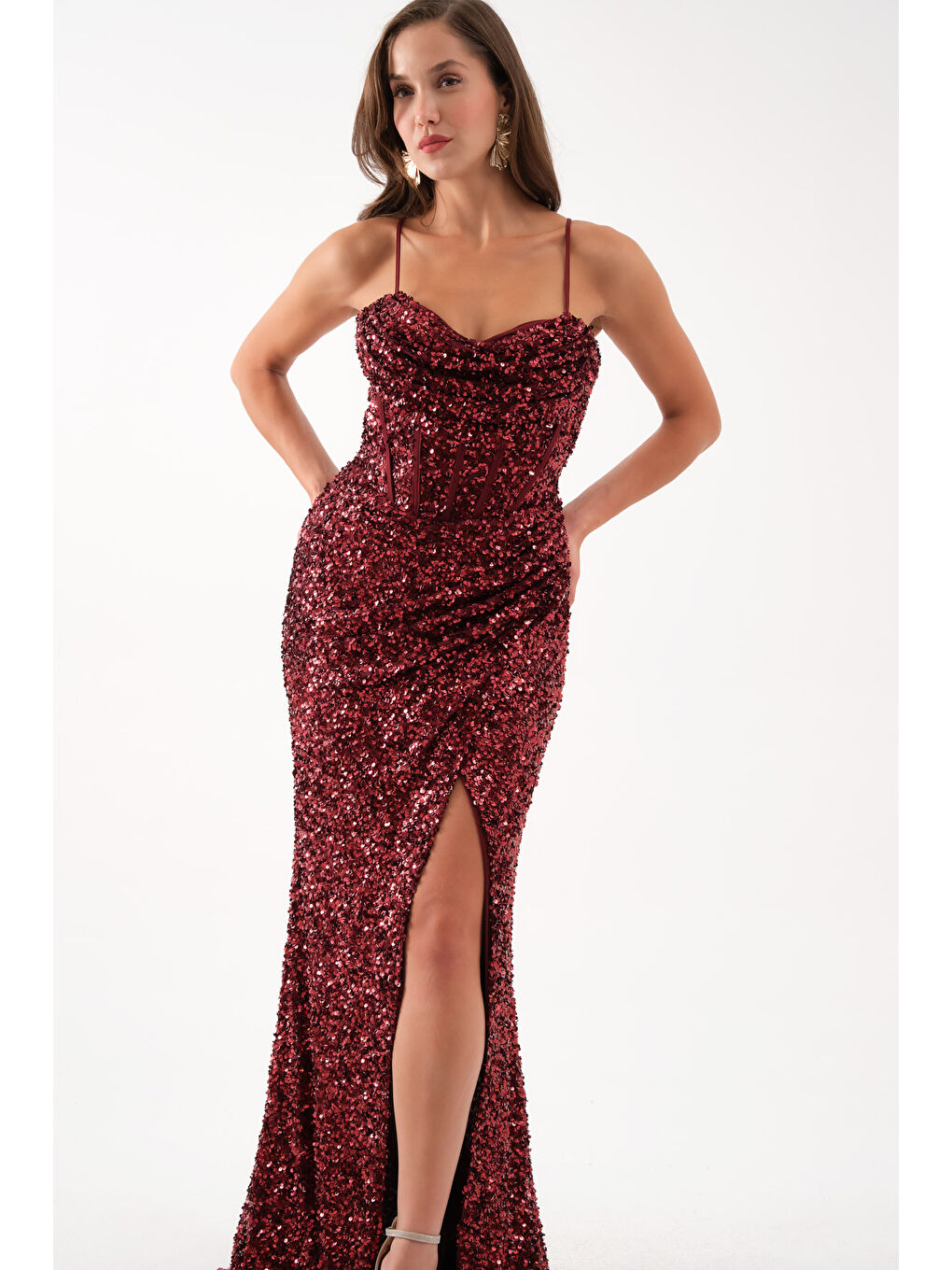 Kadın Bordo Askılı Pul Payet Uzun Abiye Elibse-2