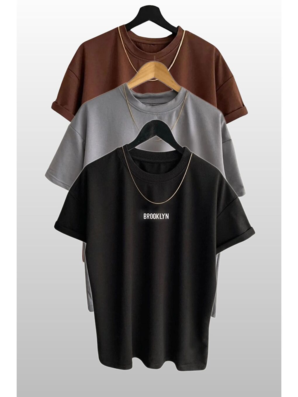 Kahverengi Erkek Brooklyn Baskılı 3 lü Paket Kahve Gri Siyah Kısa Kollu Tişört