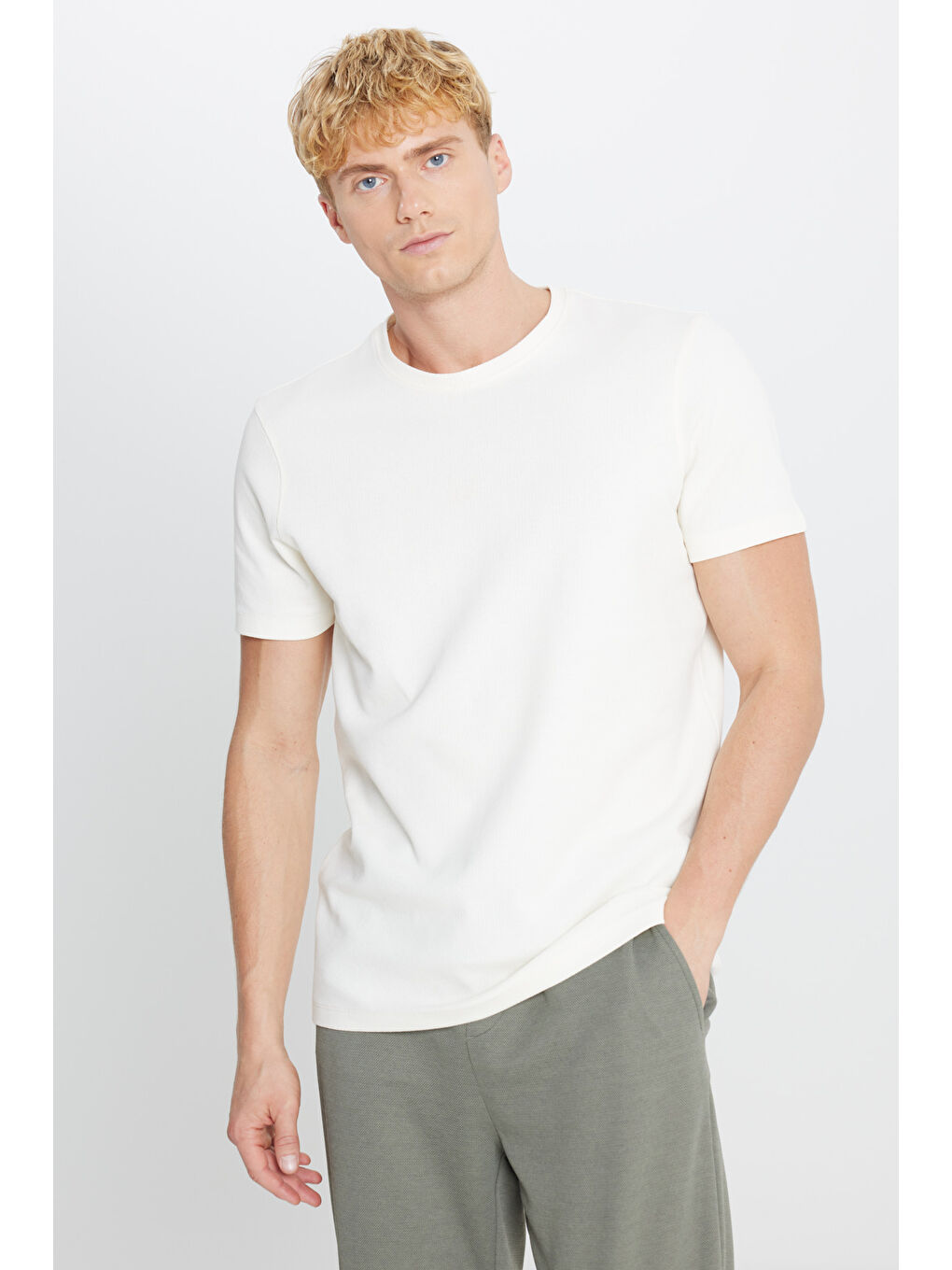 Erkek Ekru %100 Pamuk Slim Fit Dar Kesim Bisiklet Yaka Jakarlı Tişört-2