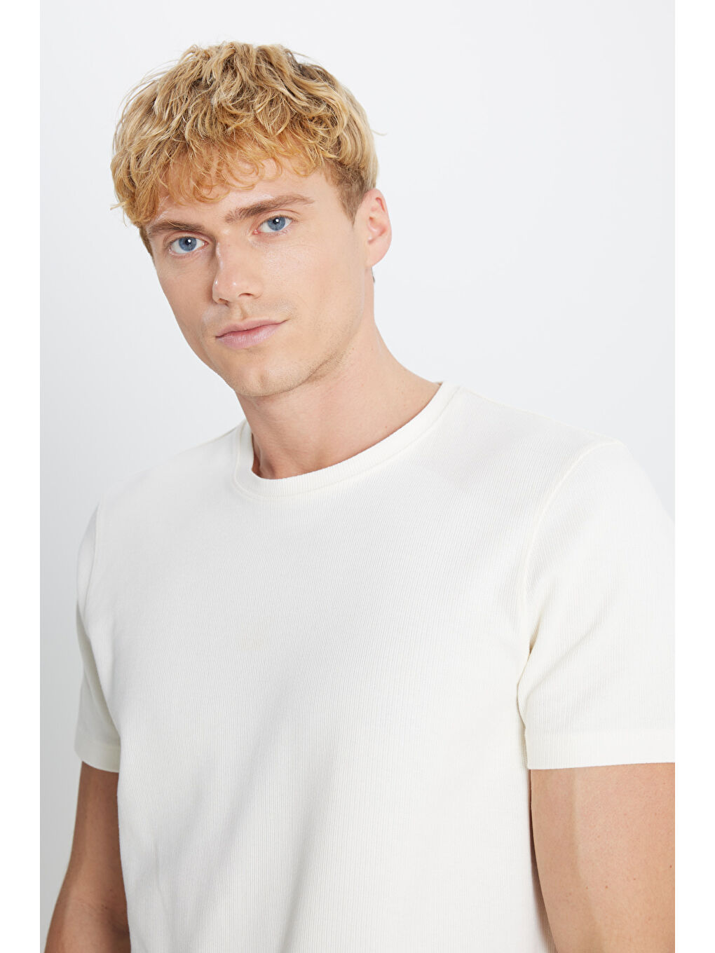 Erkek Ekru %100 Pamuk Slim Fit Dar Kesim Bisiklet Yaka Jakarlı Tişört-3