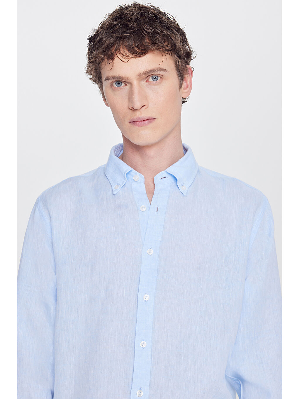 Erkek Mavi Comfort Fit Rahat Kesim Düğmeli Yaka Gömlek-3