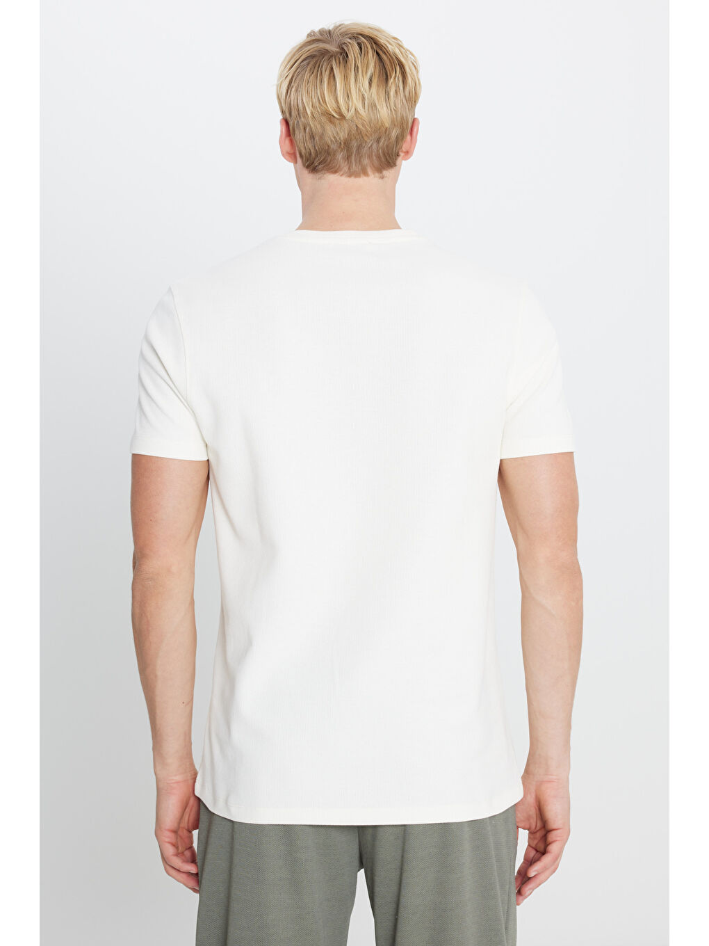 Erkek Ekru %100 Pamuk Slim Fit Dar Kesim Bisiklet Yaka Jakarlı Tişört-4