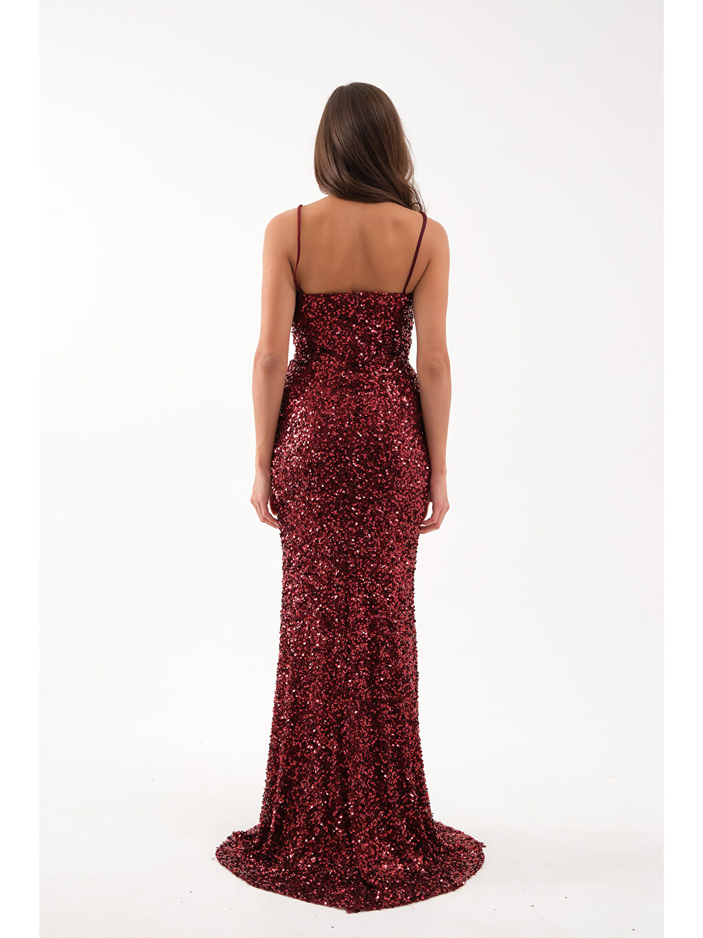 Kadın Bordo Askılı Pul Payet Uzun Abiye Elibse-4