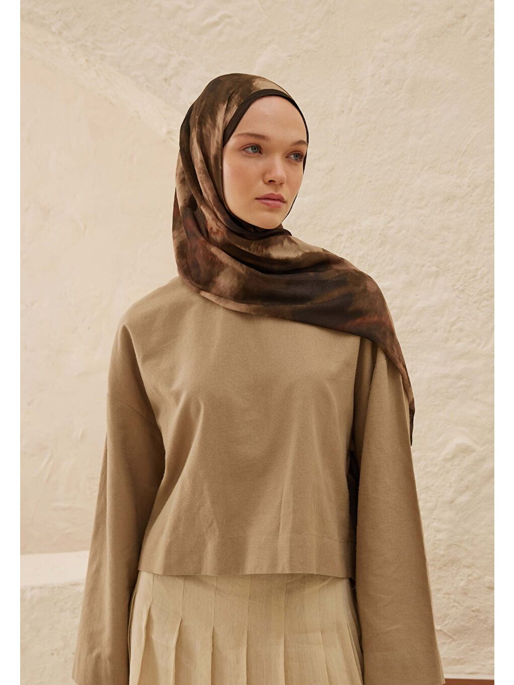 Kahverengi Batik Desen Rami Şal Kahve-1