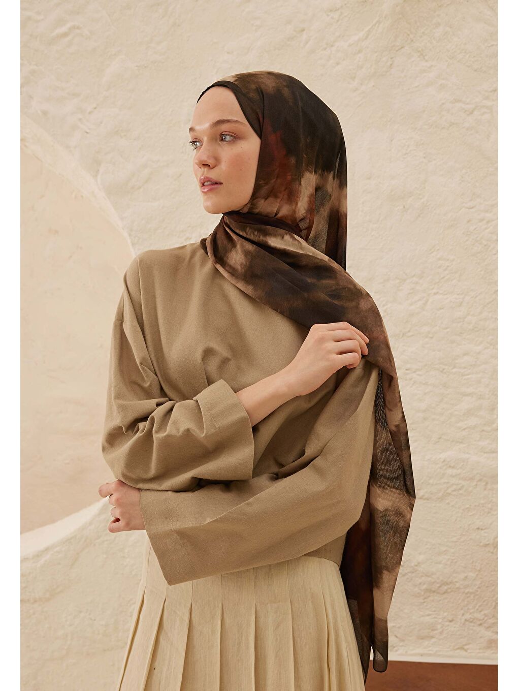 Kahverengi Batik Desen Rami Şal Kahve-2