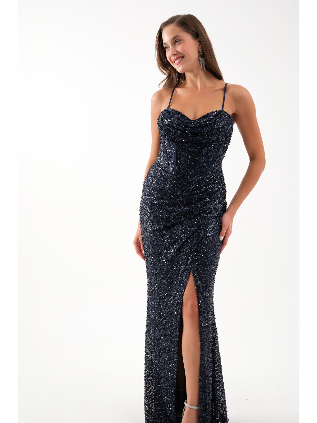 Kadın Lacivert Askılı Pul Payet Uzun Abiye Elbise-2