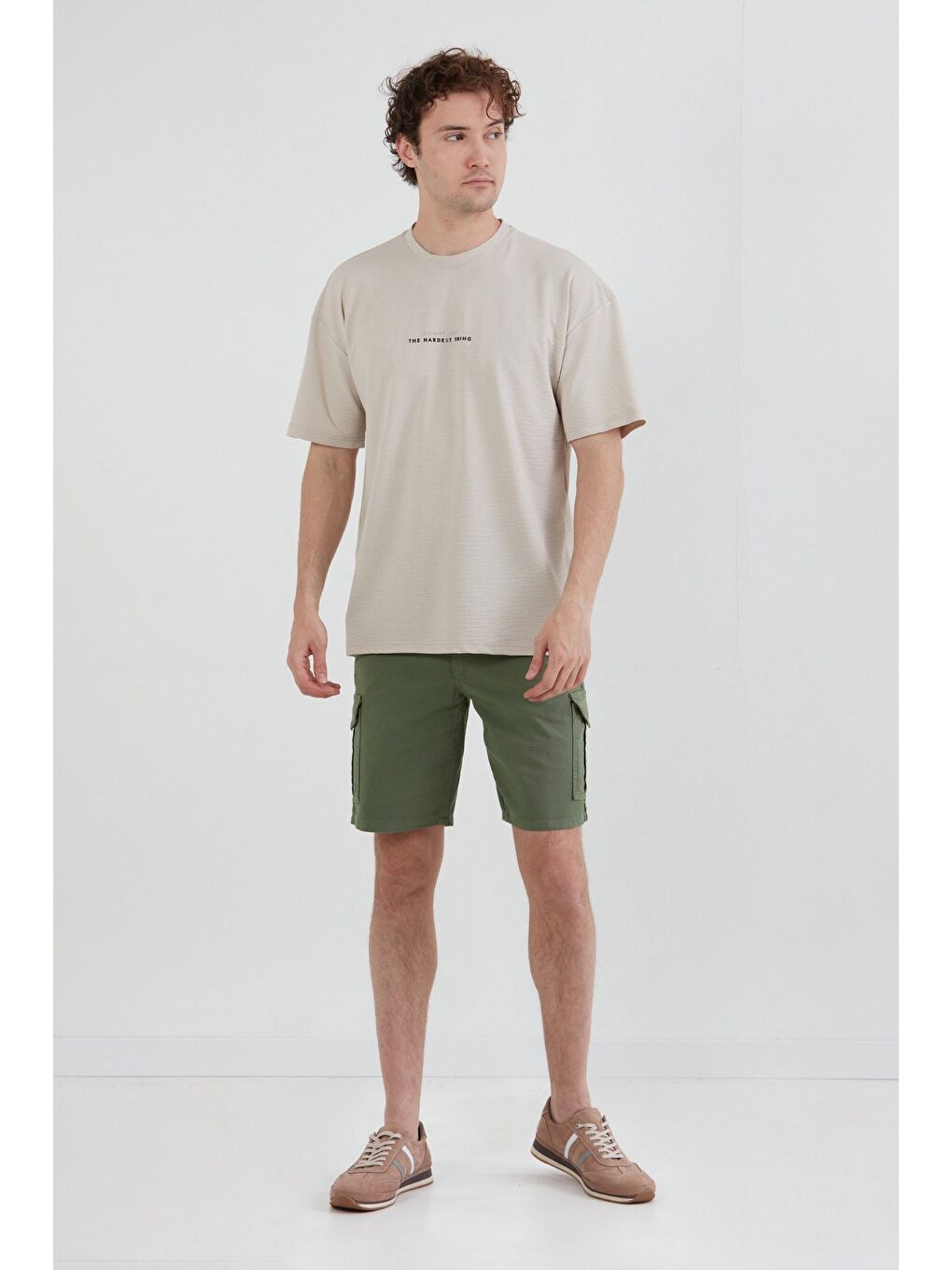 Haki Düğmeli Kargo Cepli Şort-1