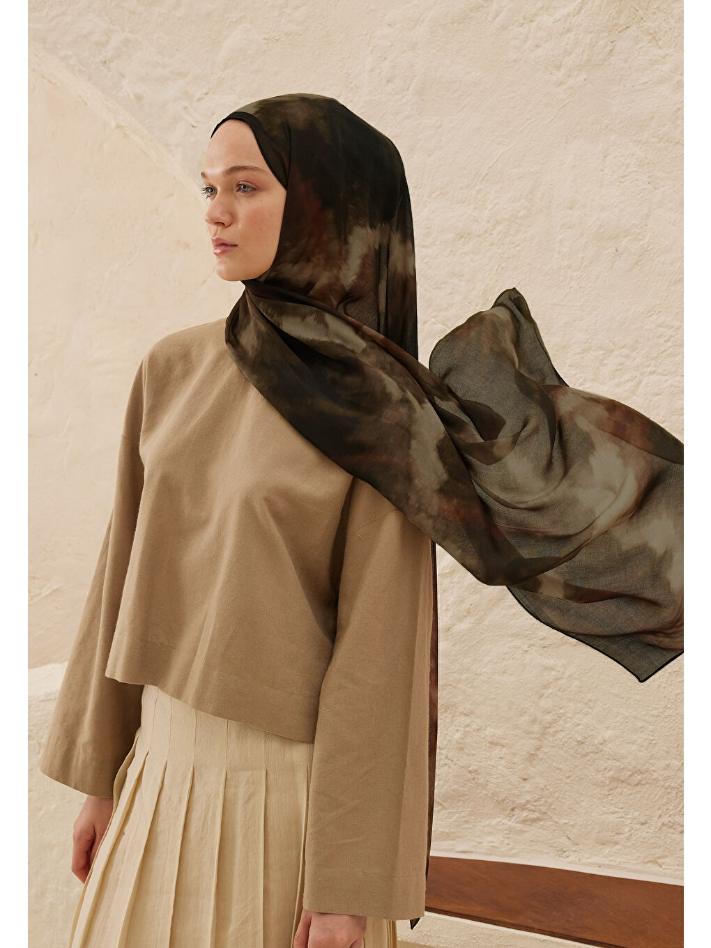 Kahverengi Batik Desen Rami Şal Kahve-4