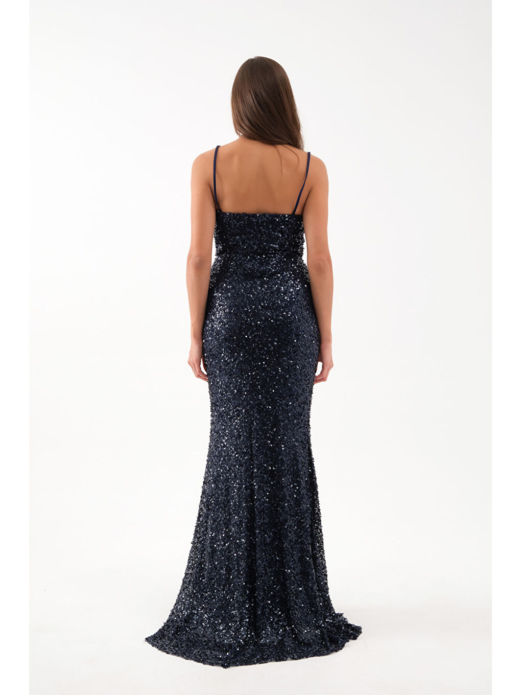 Kadın Lacivert Askılı Pul Payet Uzun Abiye Elbise-4