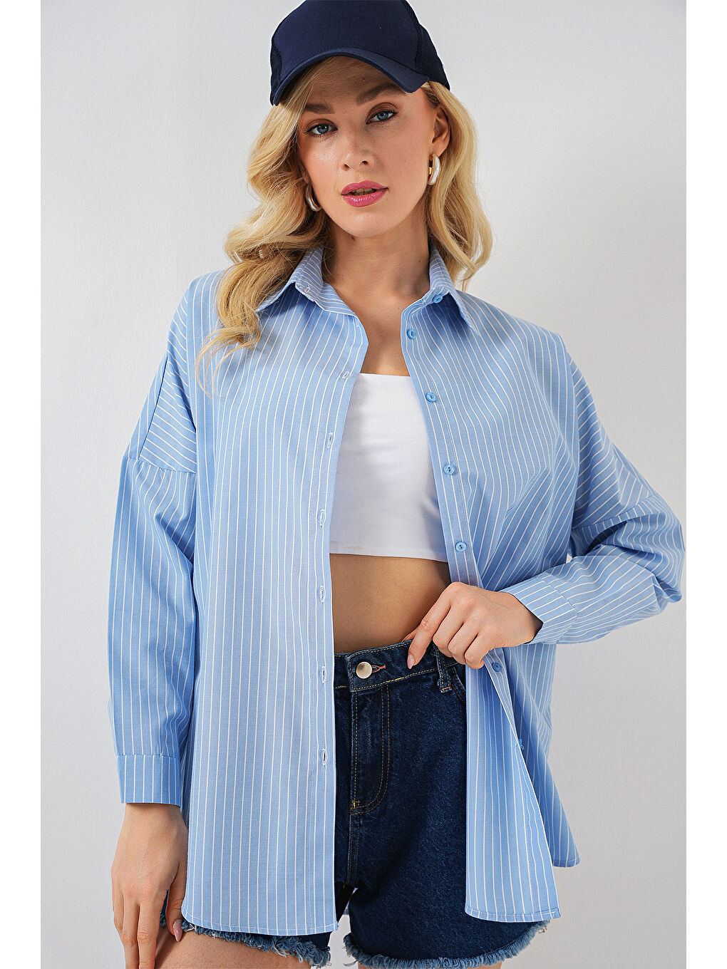 Kadın Çizgili Oversize Gömlek 20332 - C.Mavi