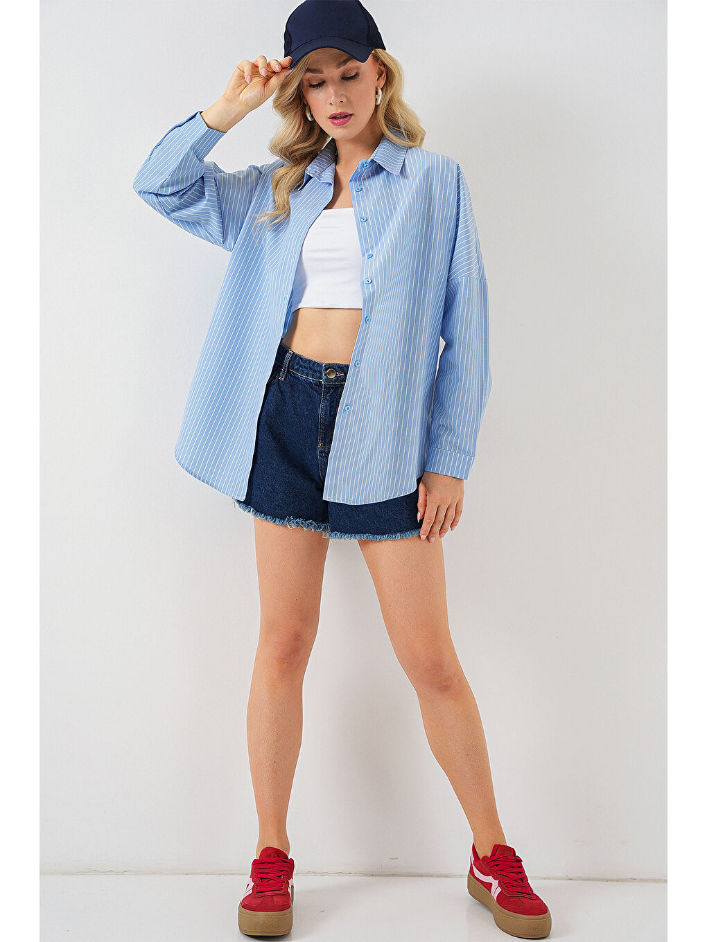 Kadın Çizgili Oversize Gömlek 20332 - C.Mavi-1