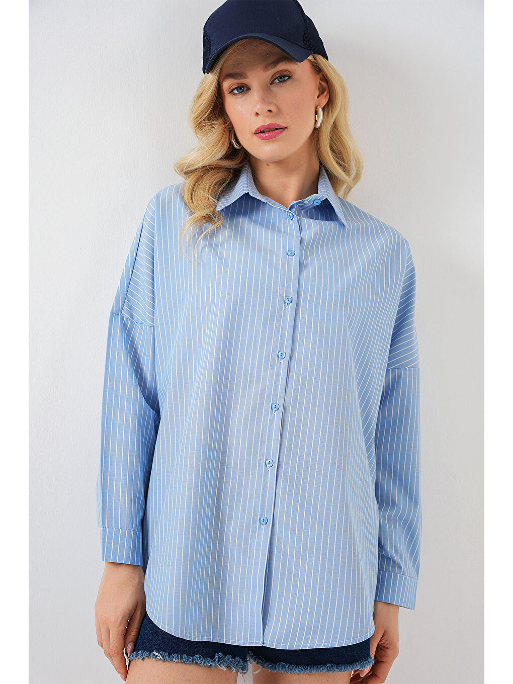 Kadın Çizgili Oversize Gömlek 20332 - C.Mavi-2