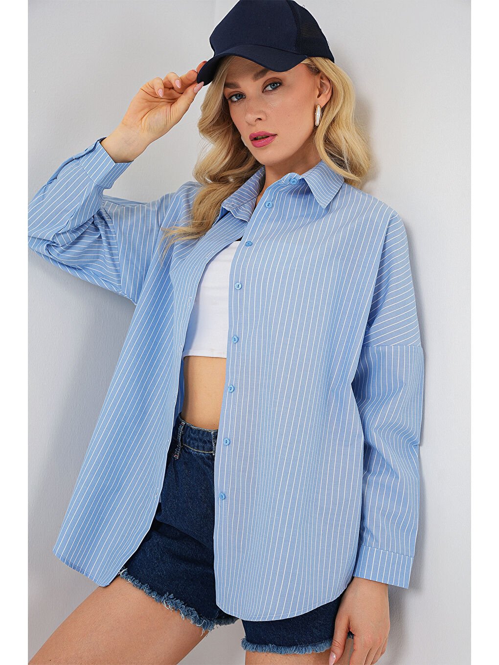 Kadın Çizgili Oversize Gömlek 20332 - C.Mavi-3