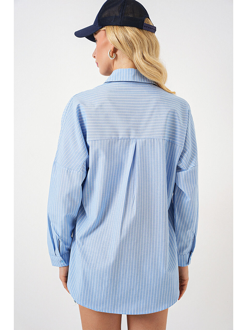 Kadın Çizgili Oversize Gömlek 20332 - C.Mavi-5