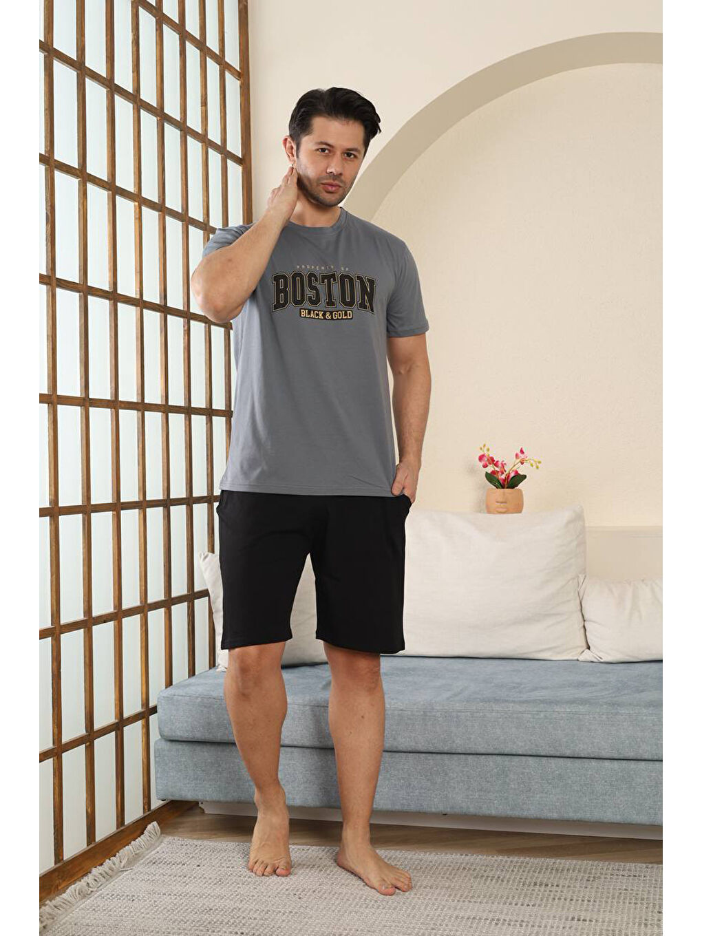 Antrasit %100 Pamuklu Kısa Kollu Cepli Erkek Şortlu Pijama Takımı 2015
