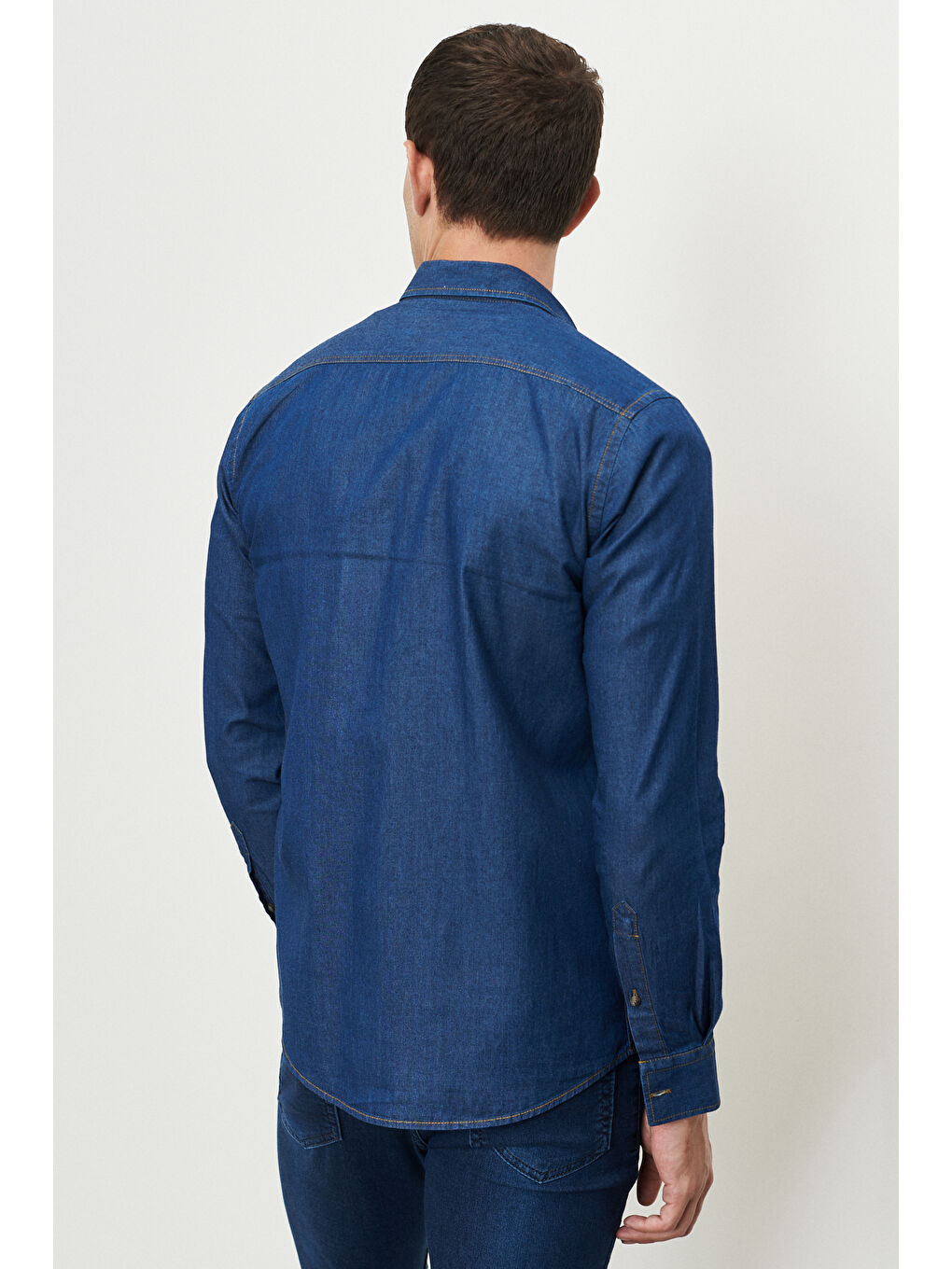 Erkek Lacivert Slim Fit Dar Kesim Düğmeli Yaka %100 Pamuk Denim Gömlek-4